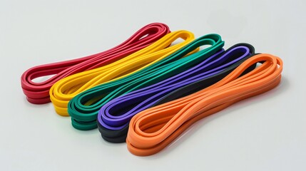 A set of solid-colored resistance bands, neatly arranged on white background