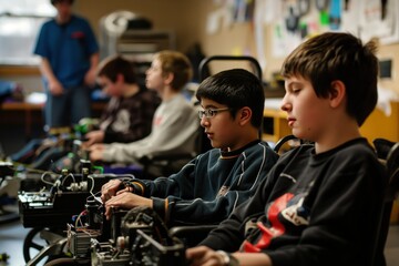 Teenagers with disabilities play video games on console controllers. Robotics workshop teaches coding skills. Inclusive education promotes assistive tech use.