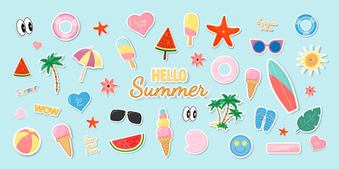 Stickers or cartoon icons on a blue background. A set of summer stickers. Trendy pop art design of the 80s. Vector illustration. © Helga1