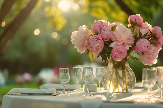 Romantic dinner setting under a tree with white tablecloth, pink and white peonies vase, wine glasses. Outdoor elegant tablescape decoration in rich garden with clear blue sky and green foliage.