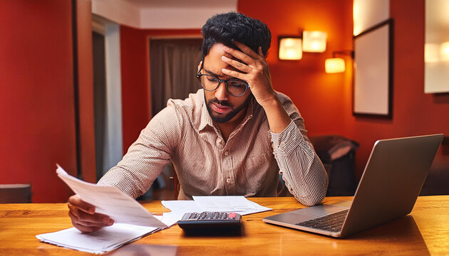 Stressed out concerned man working on laptop reviewing paperwork or bills