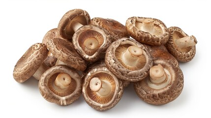 Shiitake mushrooms, photographed from the top, isolated on a white background.