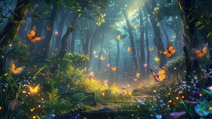 A forest scene with many butterflies flying around