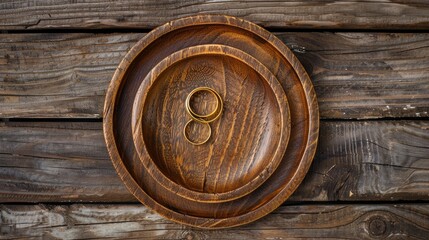 Fototapeta premium Top view of rustic wooden plate with gold wedding rings