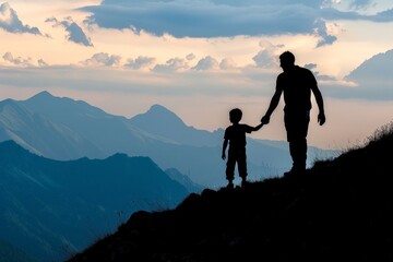 Obraz premium Silhouette of father and son on top of a mountain at dusk