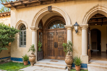 a well-lit entrance to a building with an arched doorway, wooden double doors and potted plants on either side.