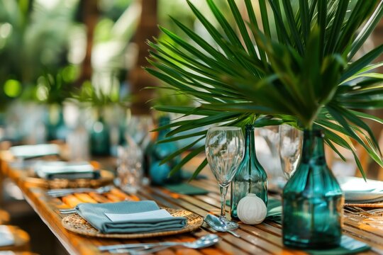 Outdoor dining setup in lush garden with tall palm tree arrangement. Serene atmosphere with blue vase, wine glasses, plate, spoon on wooden tablecloth. Perfect for festive banquet or special occasion.