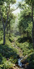 Fototapeta premium Sunlit forest path with lush greenery, wildflowers, and a small stream. Dappled light filters through tall trees, creating a serene, inviting atmosphere.