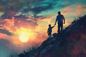 Obraz premium Silhouette of father and son walking on a mountain at sunset