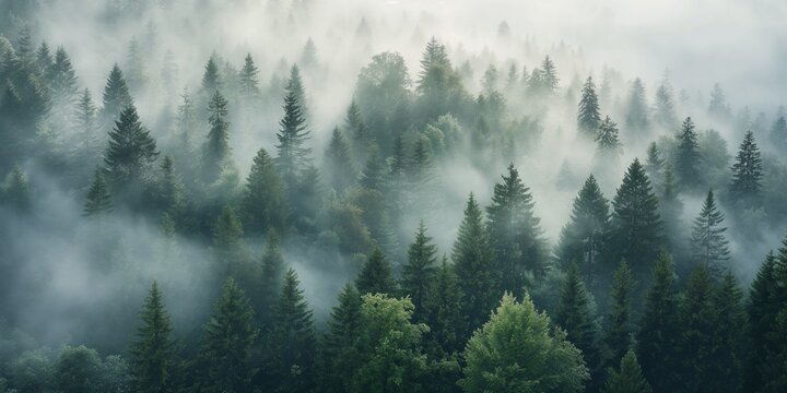 A dense forest with a thick fog covering the trees