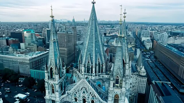 Aerial View of a Gothic Church in a City Skyline
