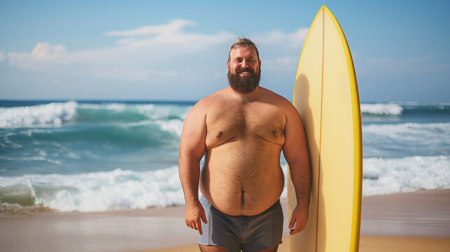 Plus size man posing with a surfboard on the beach against the backdrop of high waves. - Powered by Adobe