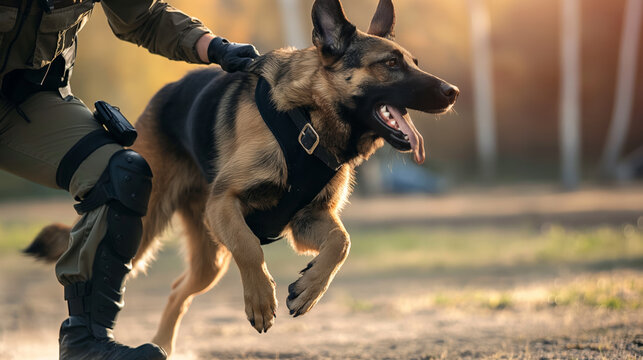 A police officer holds a service dog by the collar before giving the command to attack. Dog handler trains an animal to work in police special forces.
