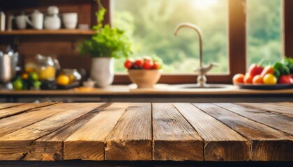 mesa de madeira para produto, base, com fundo de cozinha