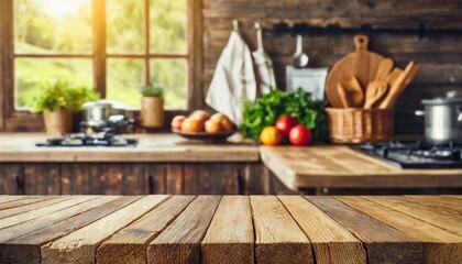 mesa de madeira para produto, base, com fundo de cozinha