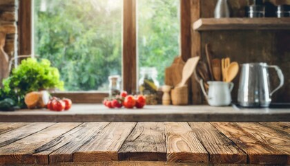 mesa de madeira para produto, base, com fundo de cozinha