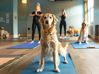 Dogs and owners in yoga class, promoting fitness and bonding