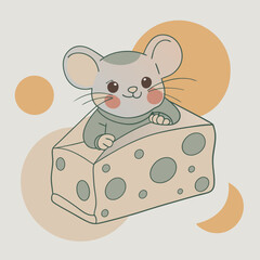 A small mouse peeks out from a piece of cheese against a white background, creating a soft pastel composition for your culinary inspiration and joy. Vector illustration.
