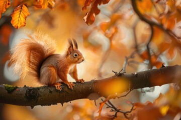 Fototapeta premium Red Squirrel Perched on a Branch in Autumnal Foliage