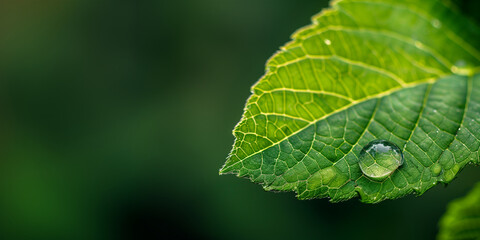 Close-up of a vibrant green leaf with a water drop, symbolizing CO2 reduction, carbon footprint reduction, and carbon credits as strategies to mitigate global warming and climate c