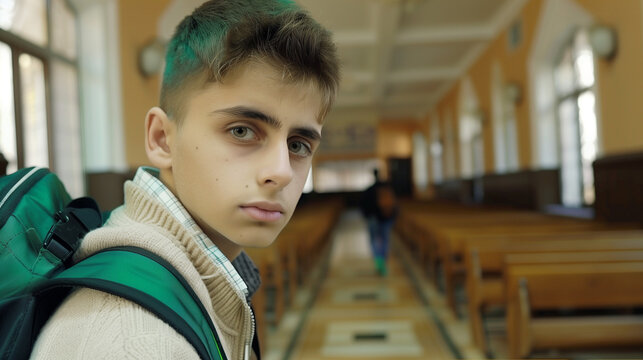 Un jeune gar&ccedil;on avec un sac &agrave; dos va dans une &eacute;glise pour participer &agrave; la messe ou &agrave; la chorale, foi et religion chez la jeunesse adolescente