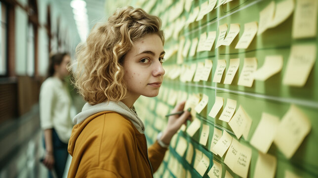 La grande question de l'orientation : une jeune fille lyc&eacute;enne devant un mur rempli de post-its avec des noms de m&eacute;tiers, r&eacute;sultats d'admission &agrave; l'universit&eacute; et d'examens