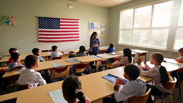 Students Learning in a Classroom With an American Flag