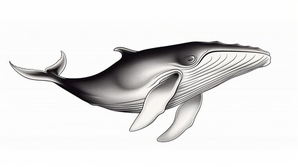 A detailed sketch of a whale in a vintage illustration style, isolated on white, capturing the intricate lines and curves of the creature