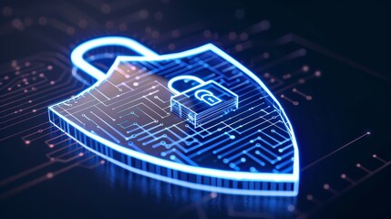 A digital shield glowing with neon blue light, representing cybersecurity, with a sleek holographic interface showing data flow and a padlock icon