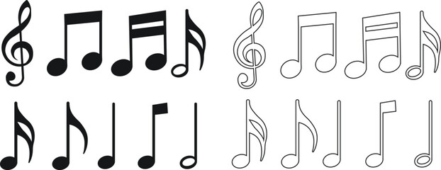Music notes icon set, song, melody or tune flat or line vector collection isolated on transparent background. Musical key trendy style symbols design element logo template for musical apps and website