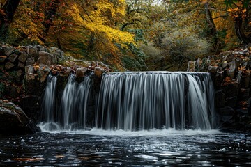 Obraz premium Waterfall Cascading Through Autumnal Forest