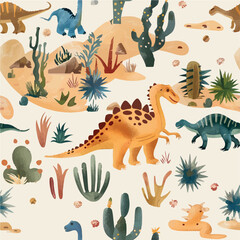 Seamless patterns featuring dinosaurs in various styles, from Cambrian to Jurassic periods. Designs include striped, camouflaged, and playful motifs. Ideal for textiles, wallpapers, and creative proje