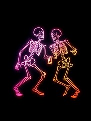 Colourful neon skeletons dancing on a black background, Halloween and entertainment concept