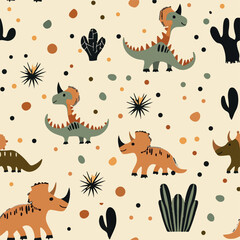 Seamless patterns featuring dinosaurs in various styles, from Cambrian to Jurassic periods. Designs include striped, camouflaged, and playful motifs. Ideal for textiles, wallpapers, and creative proje