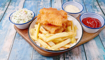 Fish and chips meal and coleslaw, tartar sauce.