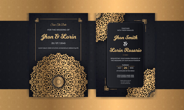 Save the date luxury Wedding invitation card design template with golden mandala and floral pattern on a black background