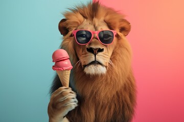 Majestic lion wearing pink sunglasses holds ice cream cone on colorful studio background. Lion pink nose and eyes contrast with golden mane. Fun summer vibe, bright colors, playful animal.