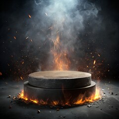 Round black stone podium on dark black smoke, fire and sparks, grunge texture background with smoke