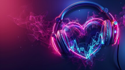 Neon heart beats with headphones and sound waves in digital space on purple background