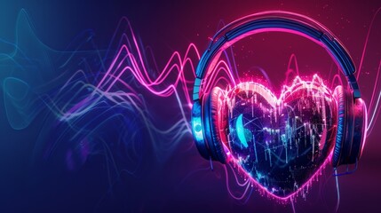 Neon heart beats with headphones and sound waves in digital space on purple background