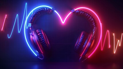 Neon heart beats with headphones and sound waves in digital space on purple background