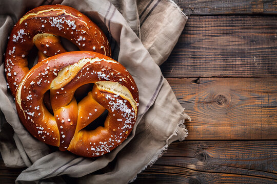 A soft pretzel with salt on a rustic table