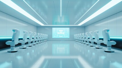 An advanced defense control center with guards and holographic interfaces