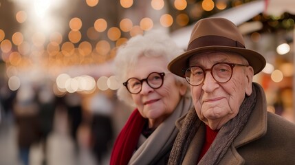 An elderly couple on a travel excursion discovering new stories. Elderly couple on a group summer trip through historic cities.