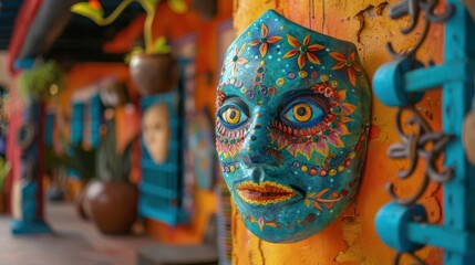 Brightly painted mask with intricate designs hangs on vibrant wall in colorful market street creating a lively and artistic atmosphere