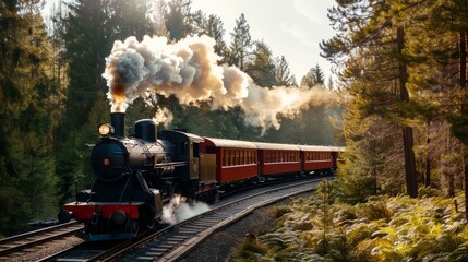 Obraz premium A vintage steam train emerging from a dense forest, with steam billowing and sunlight filtering through the trees, capturing the nostalgia of early 20th-century travel