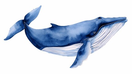 Naklejka premium A watercolor illustration of a blue whale, isolated on white, with fluid brush strokes and vibrant blue hues