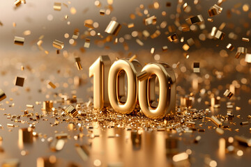 Golden number 100 hundred surrounded by confetti in celebration image