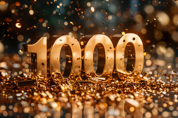 Golden number 1000 thousand surrounded by confetti in celebration image