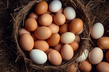 A close-up of a nest filled with a variety of chicken eggs, ranging in color from white to brown. The eggs are arranged naturally in a straw nest, highlighting their organic and farm-fresh nature